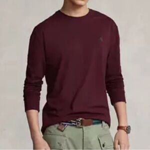 Ralph Lauren Burgundy Long Sleeve Pocket Men V Neck Shirt Medium